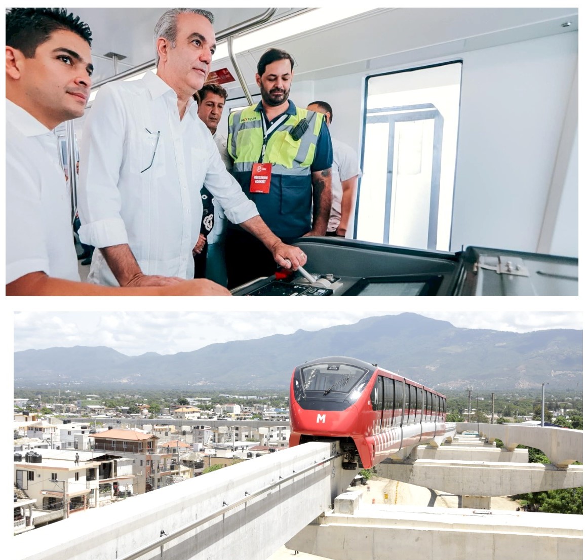 El gobernante Luis Abinader haciendo la prueba del Monorriel, que figura en la foto inferior. Inter News Service