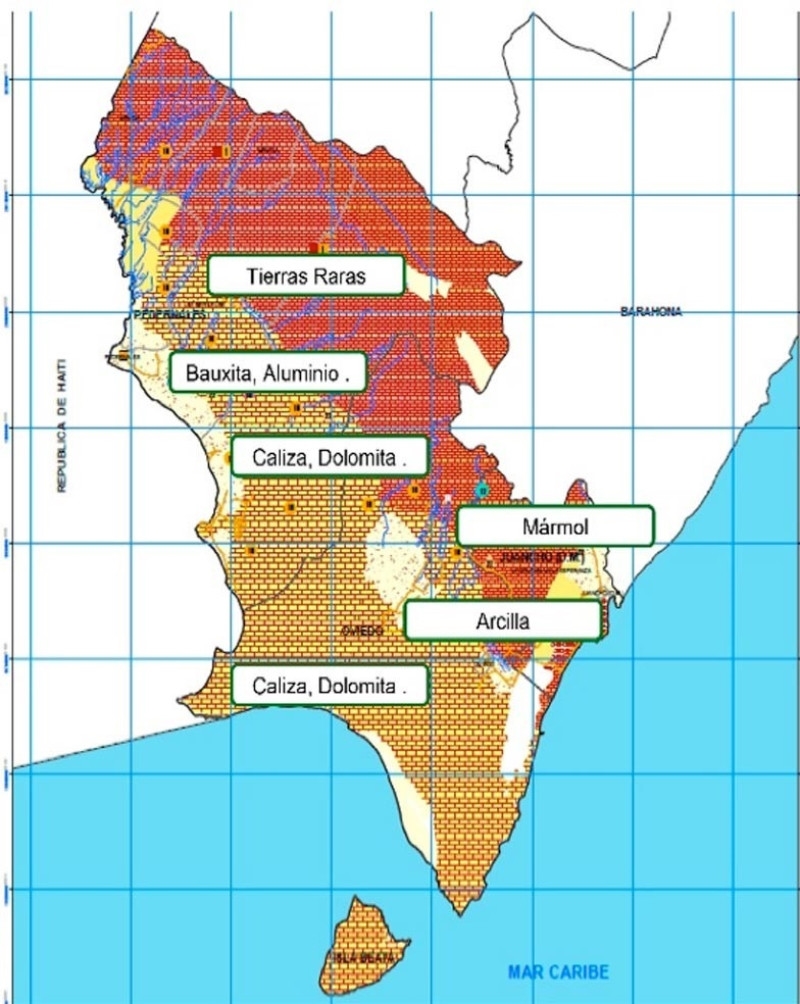 El mapa muestra los hallazgos de tierras raras en la región suroeste dominicana. Inter News Service