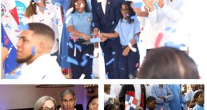 El presidente Luis Abinader inaugurando el Año Escolar. Figuran la funcionaria Ancell Scheker y estudiantes de escuelas públicas. Inter News Service