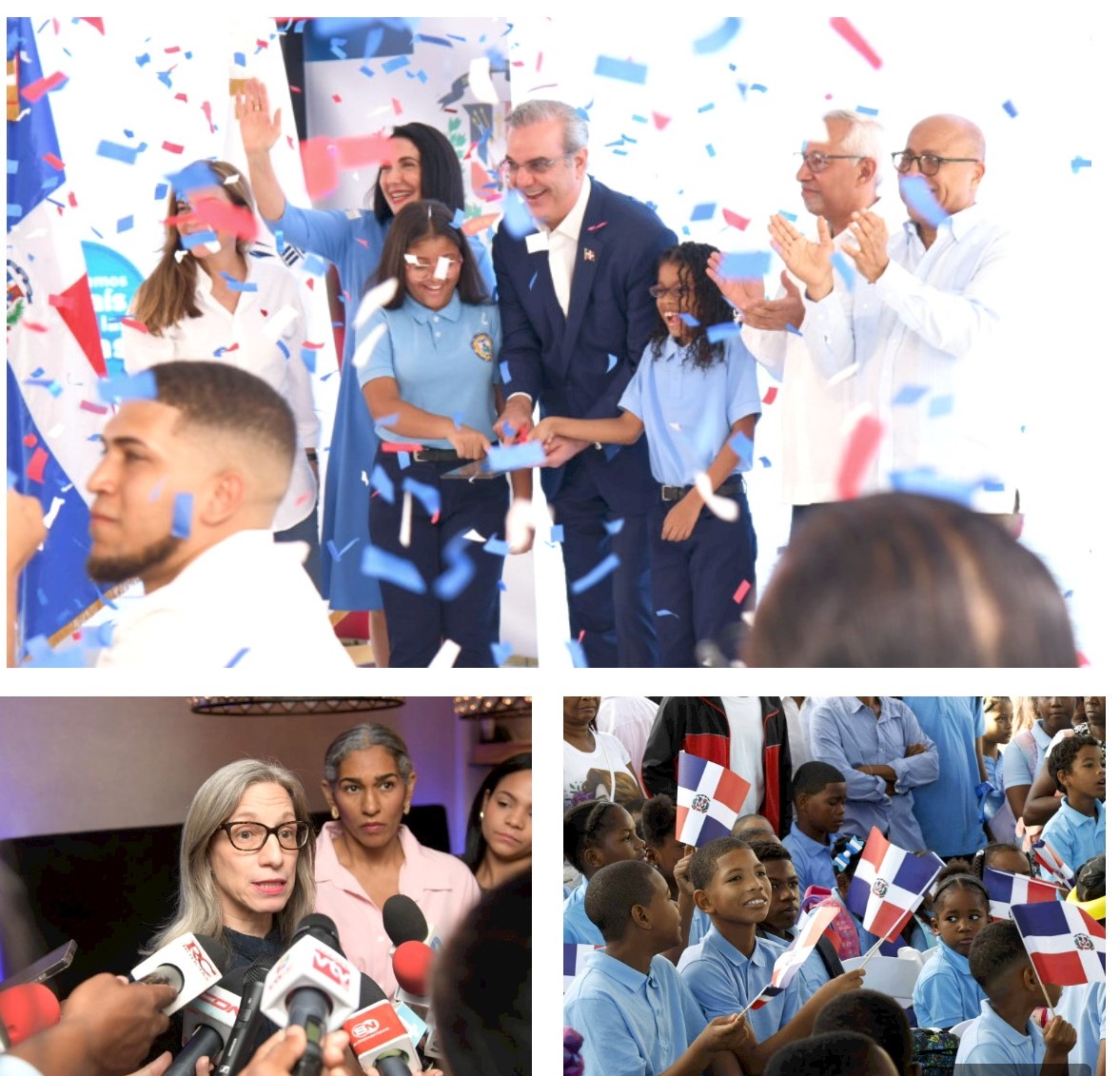 El presidente Luis Abinader inaugurando el Año Escolar. Figuran la funcionaria Ancell Scheker y estudiantes de escuelas públicas. Inter News Service