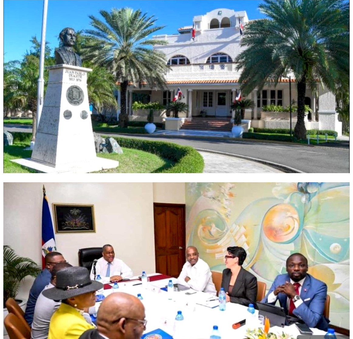 En las gráficas, la sede de la Cancillería dominicana y los miembros del Consejo de Transición Presidencial de Haití. Inter News Service