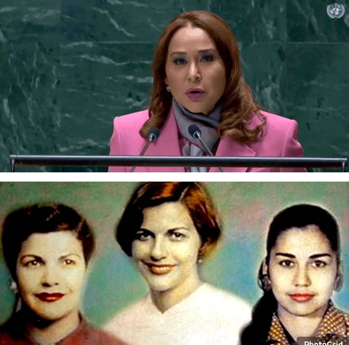 Arriba, la ministra Mayra Jiménez. En la foto inferior, las heroínas hermanas Patria, Minerva y María Teresa Mirabal. Inter News Service