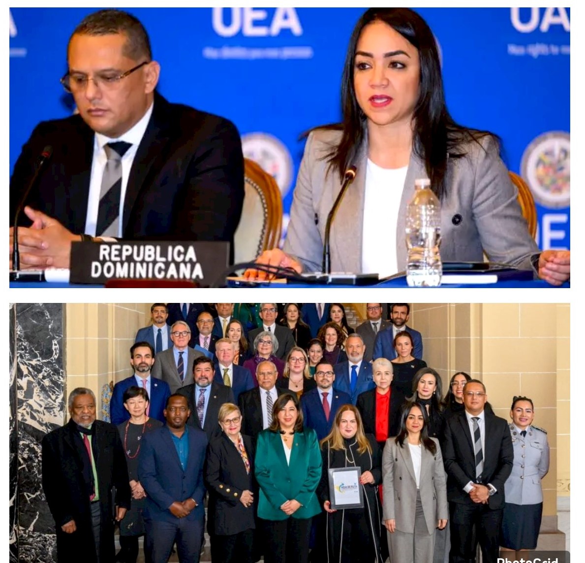 La foto superior muestra a Faride Raful exponiendo en la reunión de ministros de seguridad y altos funcionarios de países de Centroamérica y el Caribe (foto inferior). Inter News Service