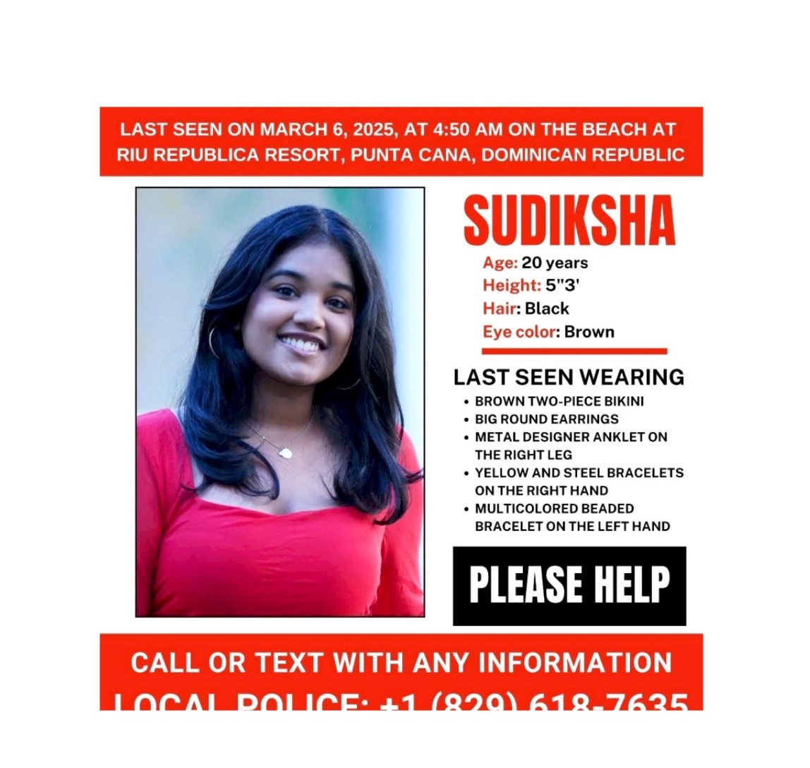 Sudiksha Konanki mostrada en esta ficha técnica luego de la desaparición. Inter News Service