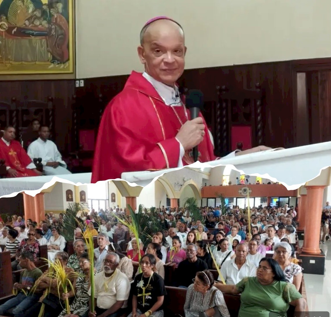 Monseñor Ramón Alfredo de la Cruz Baldera y los asistentes a la celebración del Domingo de Ramos. Inter News Service