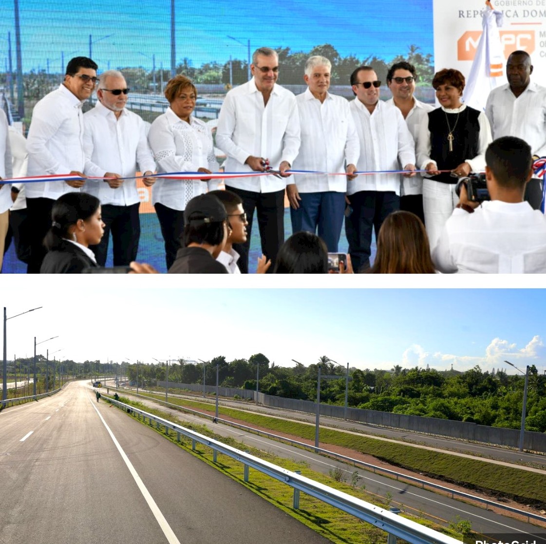 El presidente Luis Abinader inaugurando la fase final de la avenida Ecológica, que figura en la imagen inferior. (Foto Presidencia). Inter News Service