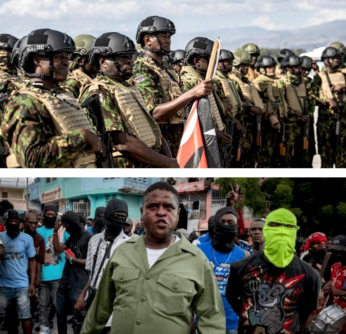 Integrantes del quinto contingente de Kenia en Haití. En la gráfica inferior, el líder pandillero Jimmy Cherisier, alias 'Barbecue'. (Fuente externa). Inter News Service