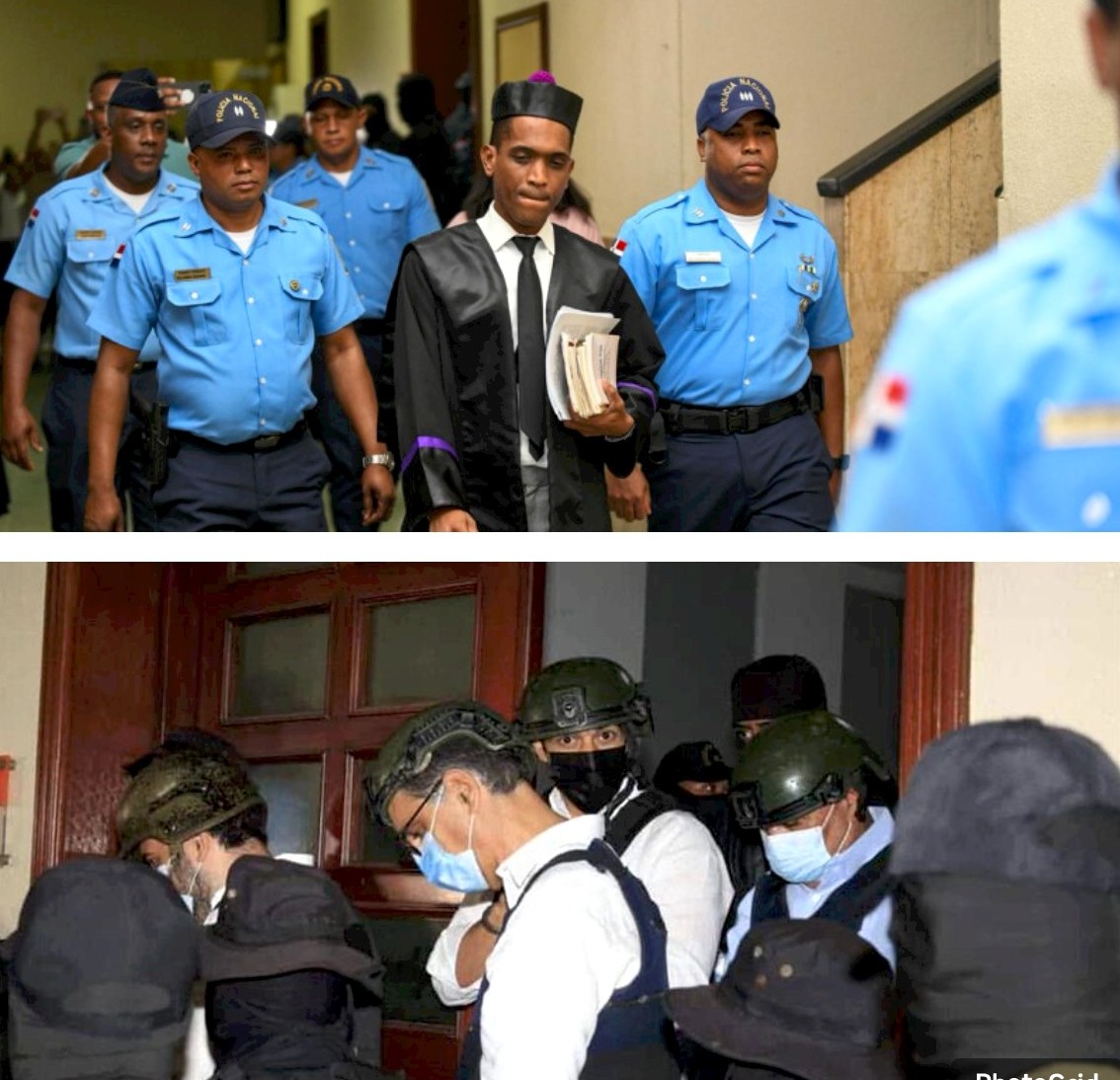 Vista del juez Rigoberto Sena. Gráfica inferior, parte de los acusados en el fraude millonario contra el Seguro Nacional de Salud. (Fuente externa). Inter News Service