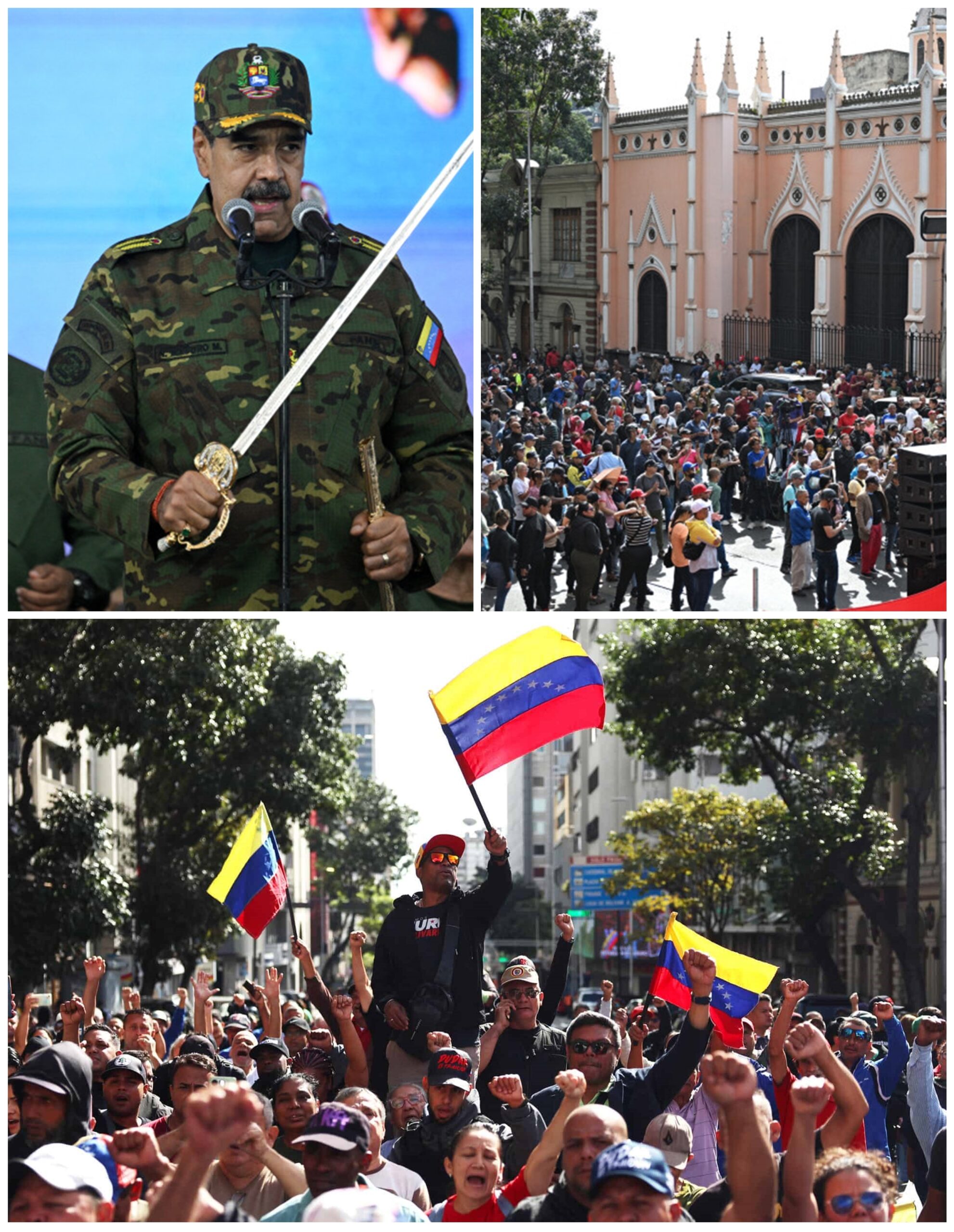 Imagen de archivo del presidente Nicolás Maduro durante un acto oficial en noviembre de 2025. Las siguientes gráficas muestran a venezolanos chavistas protestando este sábado por los bombardeos estadounidenses. Inter News Service 