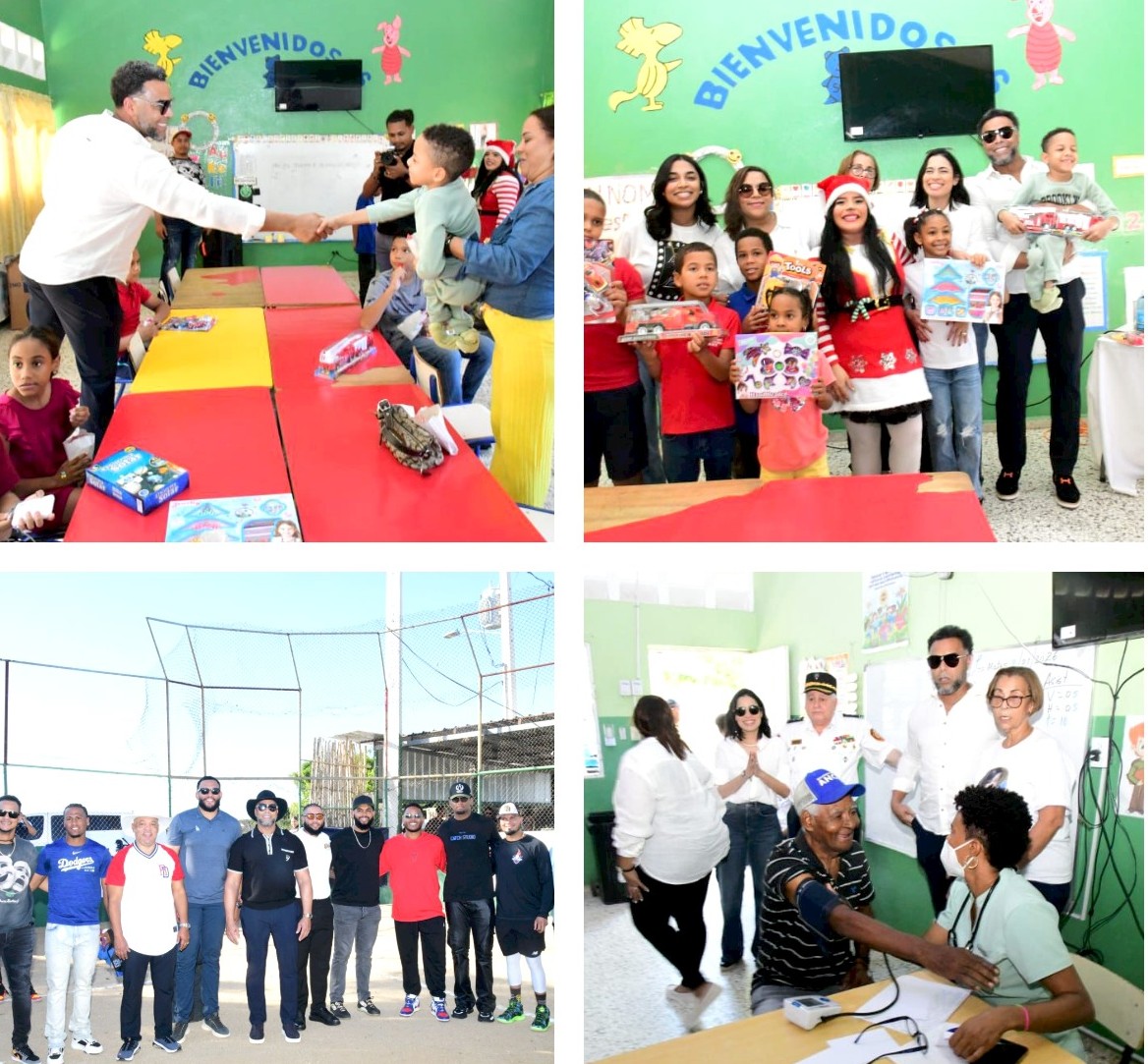Imágenes del exjugador de Grandes Ligas, Nelson Cruz, compartiendo con niños durante la jornada social. En las gráficas inferiores, jugadores activos y una jornada médica. Inter News Service