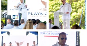 El presidente Luis Abinader, el ministro David Collado y el expelotero Alex Rodríguez, durante el acto en el que se anunció la construcción del aeródromo internacional privado. (Fuente oficial). Inter News Service