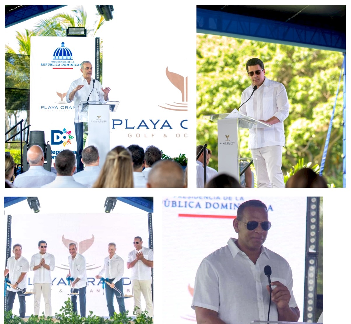 El presidente Luis Abinader, el ministro David Collado y el expelotero Alex Rodríguez, durante el acto en el que se anunció la construcción del aeródromo internacional privado. (Fuente oficial). Inter News Service