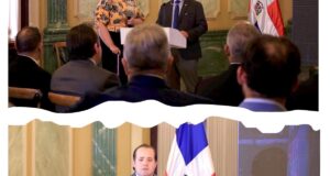 Burton Catledge y el ministro José Ignacio Paliza mientras daban detalles del proyecto aeroespacial. (Fuente oficial). Inter News Service