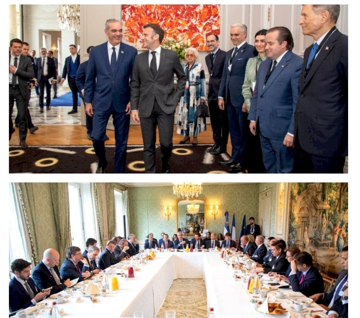 El mandatario Luis Abinader y su par francés Emmanuel Macron en el Palacio del Elíseo. En la gráfica inferior, la reunión con los empresarios franceses. /Fuente externa. Inter News Service