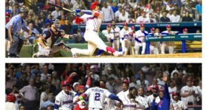 El pelotero Juan Soto mientras conectaba un jonrón. En la foto inferior, los jugadores celebrando la victoria frente a Detroit. (Fuente externa). Inter News Service