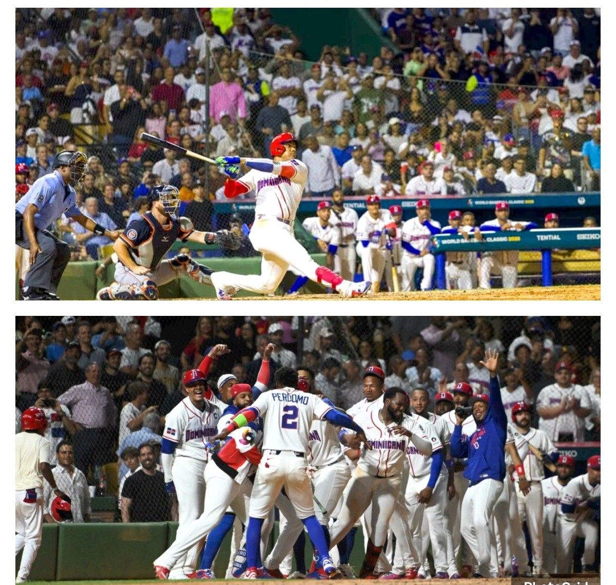 El pelotero Juan Soto mientras conectaba un jonrón. En la foto inferior, los jugadores celebrando la victoria frente a Detroit. (Fuente externa). Inter News Service