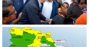 Imagen de archivo del presidente Luis Abinader durante la visita a uno de los lugares de El Gran Santo Domingo devastado por los aguaceros. La siguiente gráfica, las comunidades declaradas en alerta. (Fuente oficial). Inter News Service