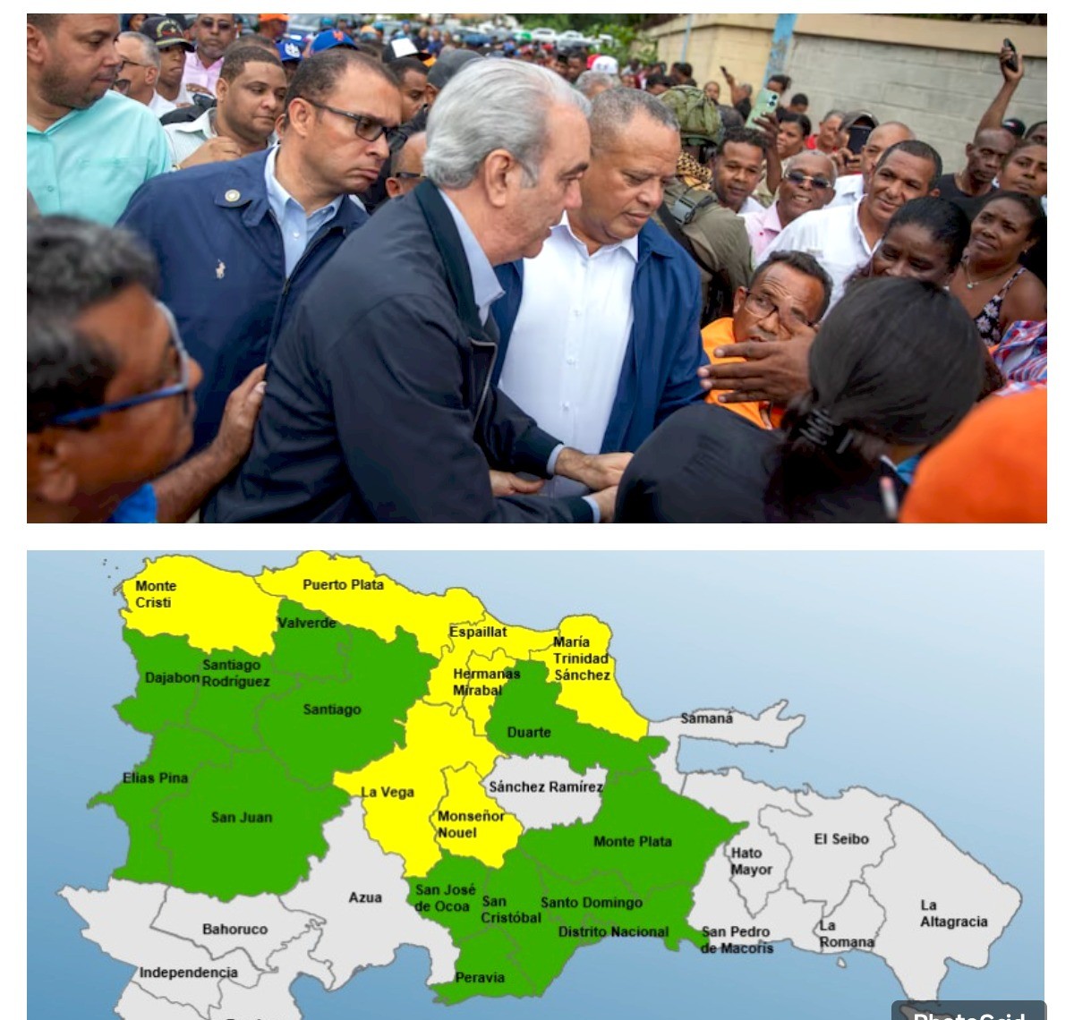 Imagen de archivo del presidente Luis Abinader durante la visita a uno de los lugares de El Gran Santo Domingo devastado por los aguaceros. La siguiente gráfica, las comunidades declaradas en alerta. (Fuente oficial). Inter News Service