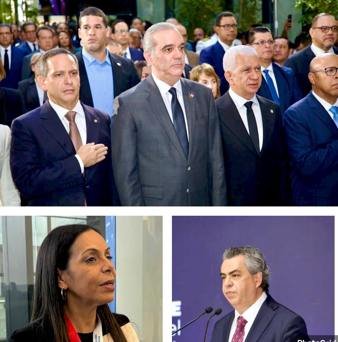 El presidente Luis Abinader mientras participaba en el encuentro judicial. Las siguientes gráficas, la jueza Carmen Otero y Alejandro Ponce. (Fuente oficial). Inter News Service