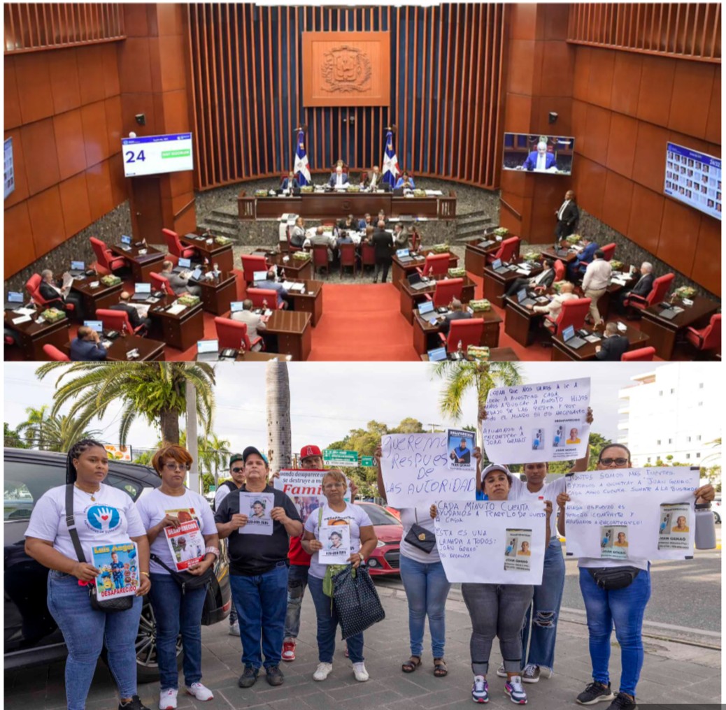 Imágenes de archivo de una sesión de los legisladores dominicanos. En la gráfica siguientes, ciudadanos reclamando la solución de las desapariciones. Inter News Service
