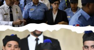 Las imágenes muestran, arriba, a los hermanos Espaillat López abandonando la sala de audiencia y el rostro de Wilson Camacho, representante del Ministerio Público. (Fuente externa). Inter News Service