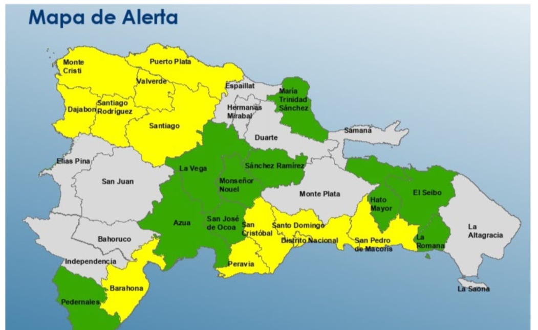 El mapa registra las comunidades declaradas en alerta por el paso de una vaguada sobre el territorio dominicano. Fuente Indomet). Inter News Service