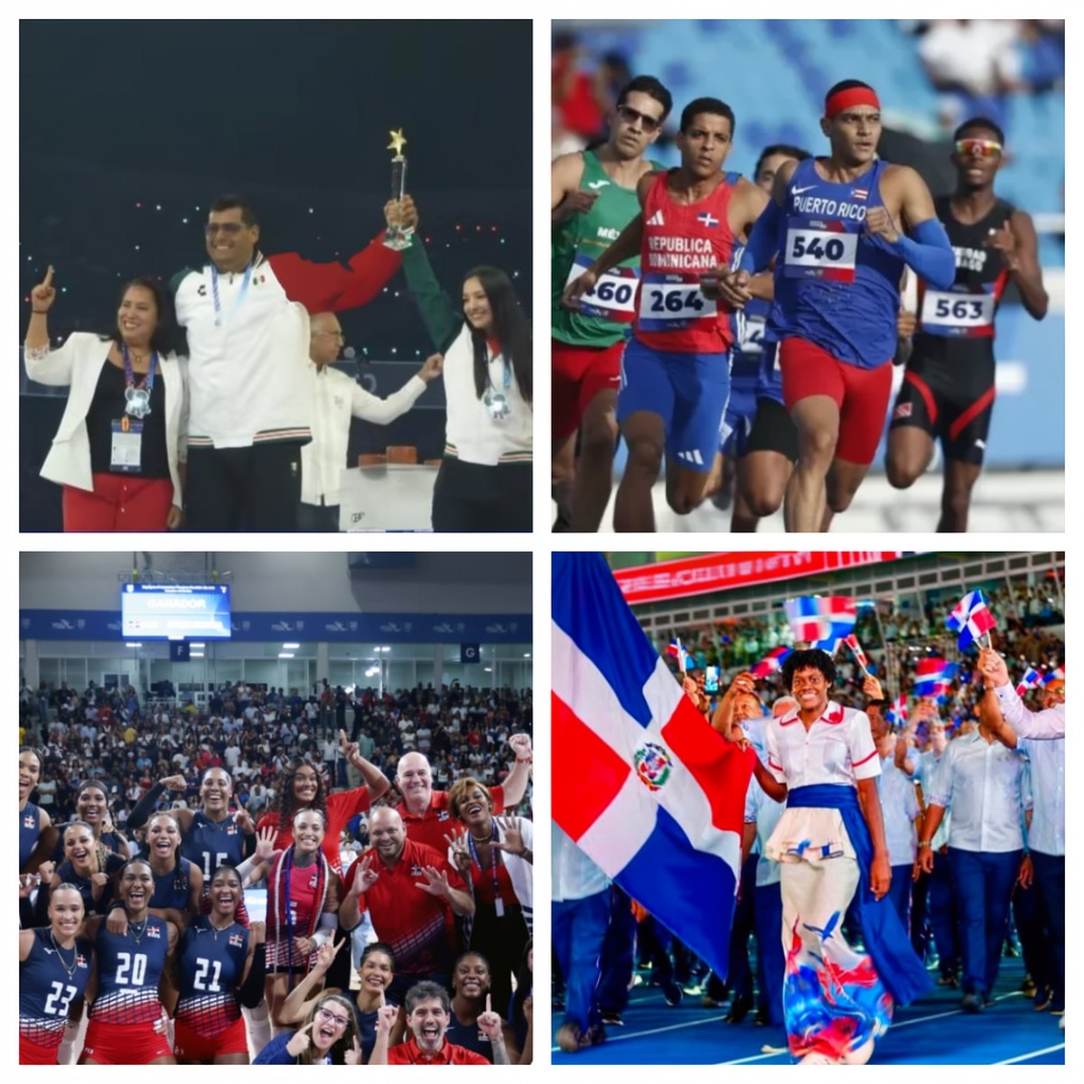 Las gráficas superiores muestran atletas mexicanos que quedaron en primer lugar, una competencia de corredores de Puerto Rico y de otras naciones. En la inferior, las dominicanas Reinas del Caribe y Marileidy Paulino, ganadoras de medallas de oro. (Fuente externa). Inter News Service