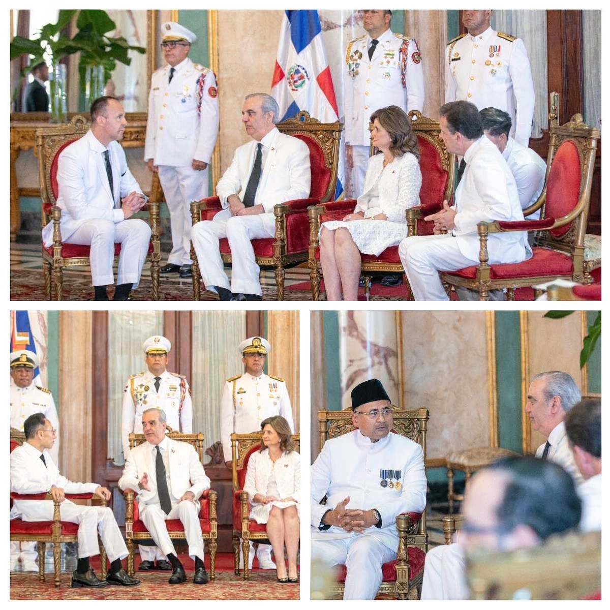 El presidente de la República, Luis Abinader, conversando con algunos de los nuevos embajadores. Le acompañan, la vicepresidenta Raquel Peña y el ministro de Relaciones Exteriores, Víctor Bisonó Haza. (Fuente oficial). Inter News Service