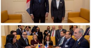 Imágenes del encuentro entre el presidente dominicano Luis Abinader con la presidenta interina de Venezuela, Delcy Rodríguez. (Fuente oficial). Inter News Service