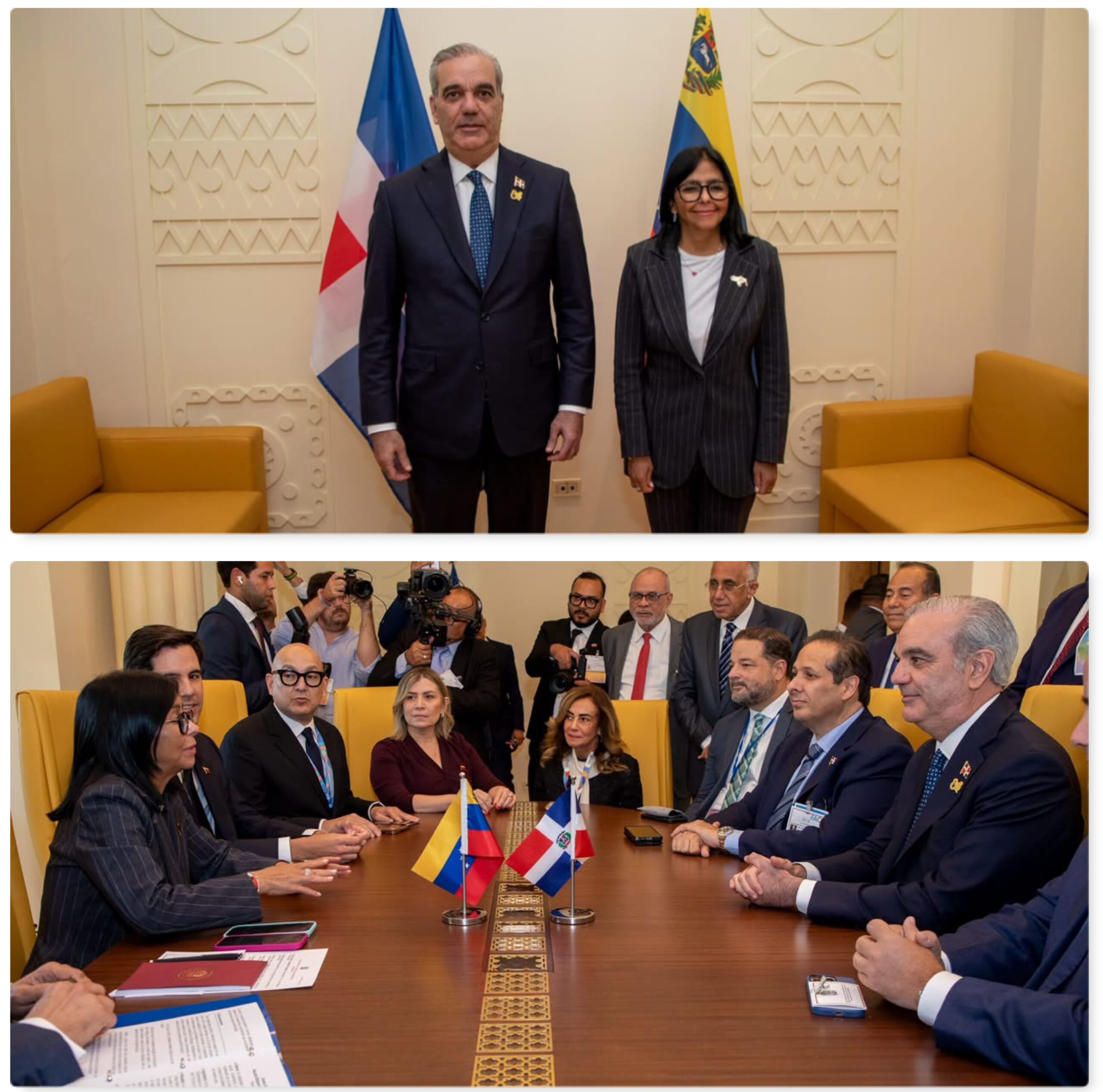 Imágenes del encuentro entre el presidente dominicano Luis Abinader con la presidenta interina de Venezuela, Delcy Rodríguez. (Fuente oficial). Inter News Service