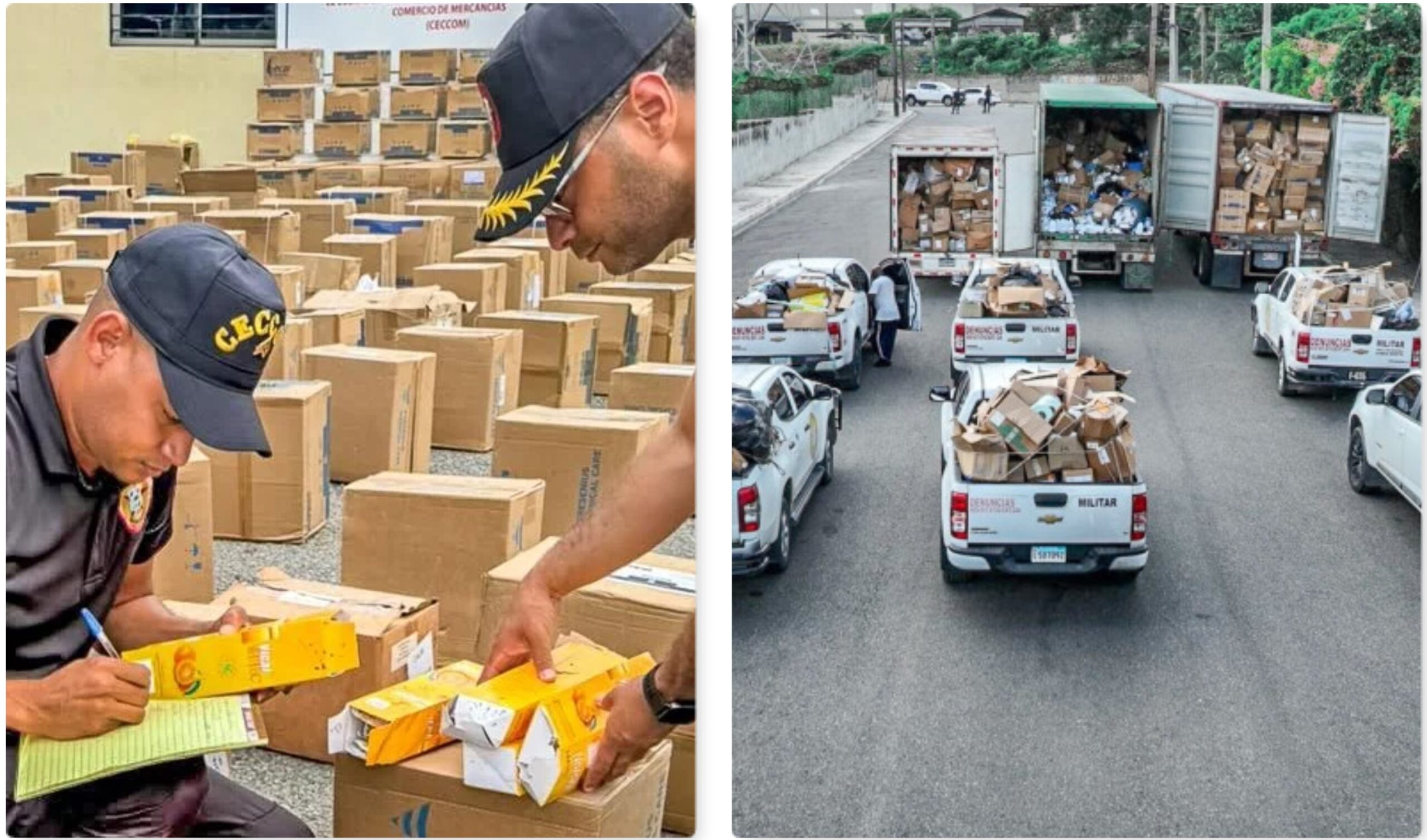 Miembros del Ceccom mientras hacían un levantamiento de las mercancías confiscadas que luego fueron transportadas en varios vehículos, como se muestra en la imagen derecha.(Fuente externa). Inter News Service
